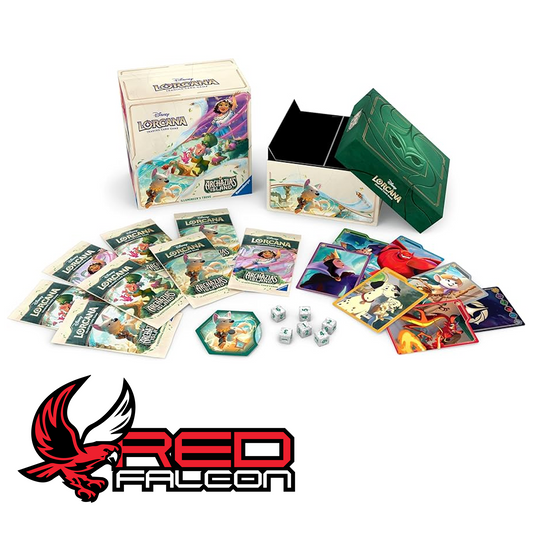 The contents of the Archazia's Island Illumineer's Trove including 8 booster packs, dice, lore counter, and card dividers.