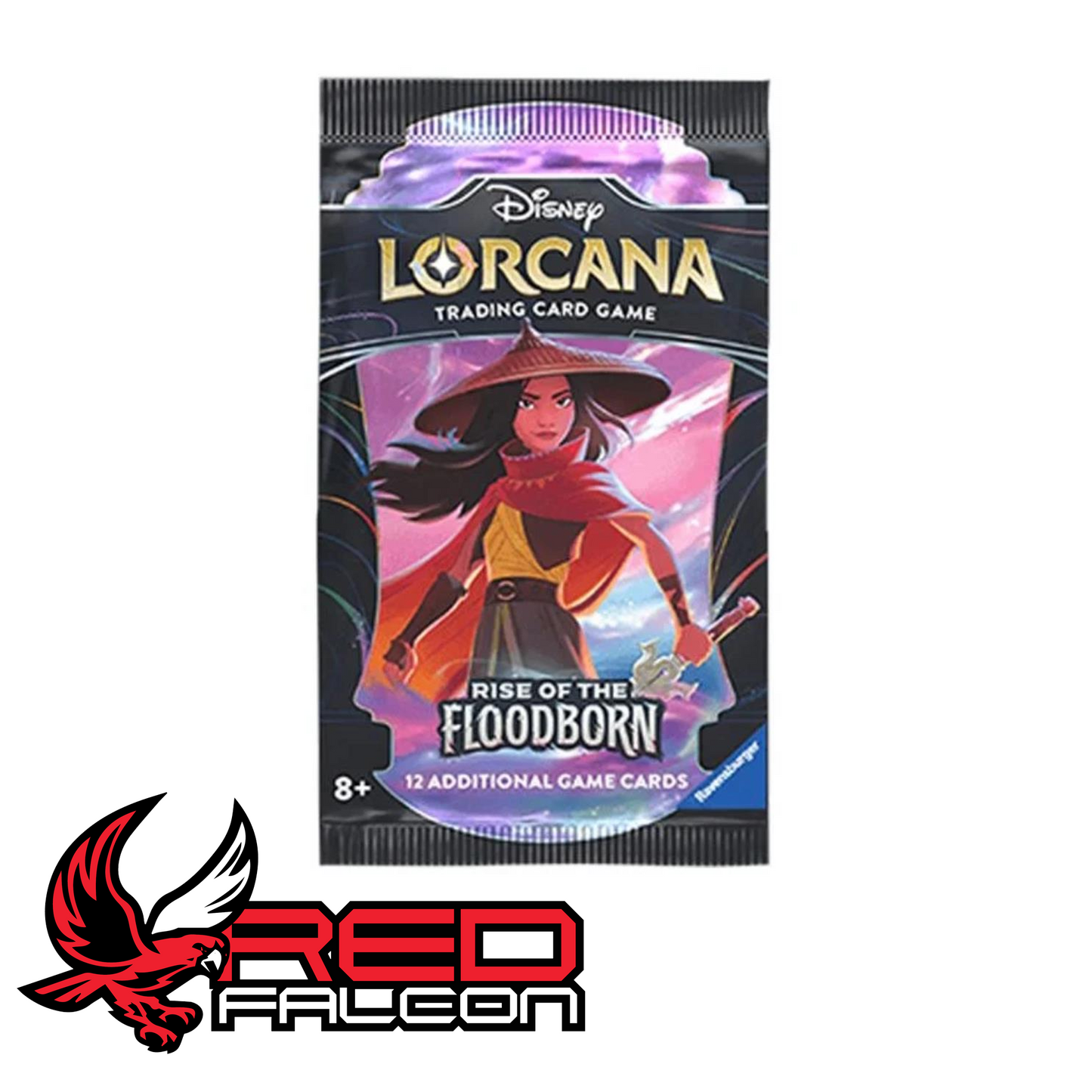 A single Disney Lorcana Rise of the Floodborn booster pack featuring Raya from Raya and the Last Dragon wielding her segmented whip-sword.