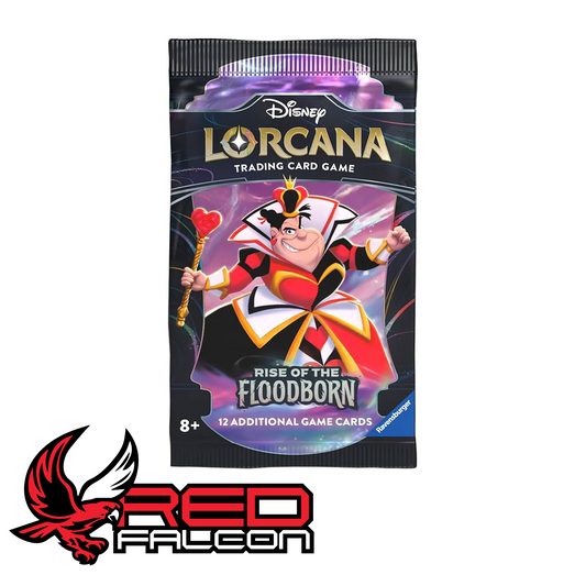 A single Disney Lorcana Rise of the Floodborn booster pack featuring the Evil Queen from Snow White holding a glowing potion bottle.