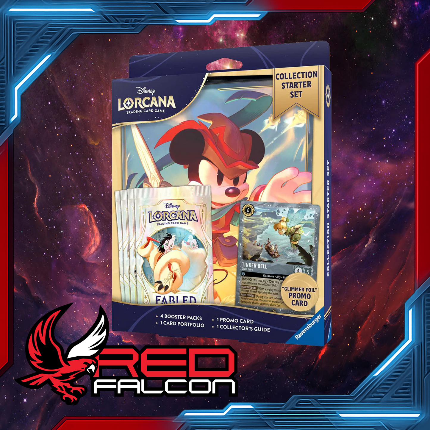 Disney Lorcana Set 9 Fabled Collection Starter Set box including 4 Fabled booster packs, card portfolio, promo card and collector guide