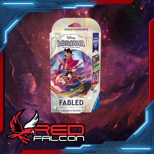 Disney Lorcana Set 9 Fabled Starter Deck featuring Powerline and Max – pre-built 60-card deck with booster pack, playmat, tokens, and lore counter