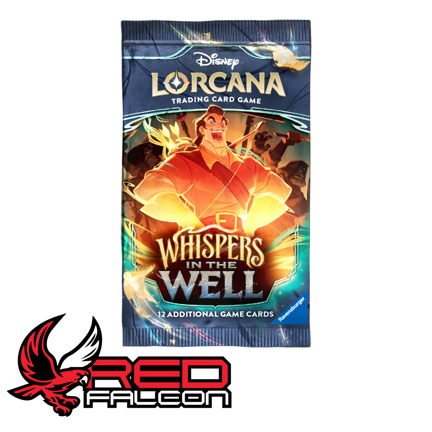 A single Disney Lorcana Whispers in the Well booster pack featuring a frightful and brooding Gaston.