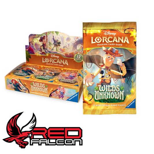 A single Wilds Unknown booster pack propped up against a factory-sealed Set 12 booster display box.