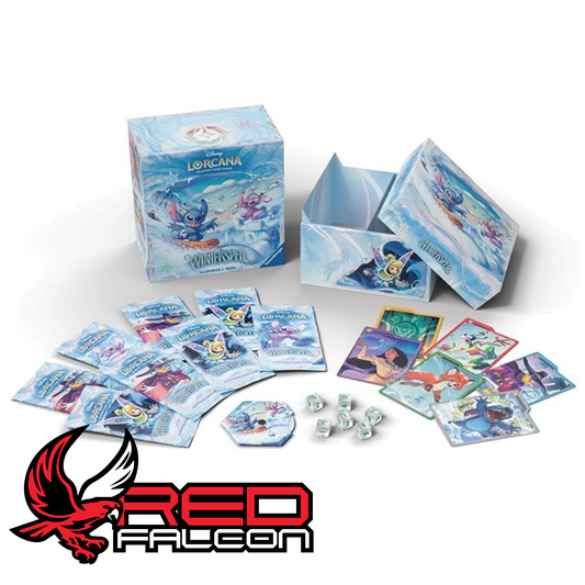 Disney Lorcana Winterspell Illumineer's Trove contents including booster packs dice dividers and lore counter