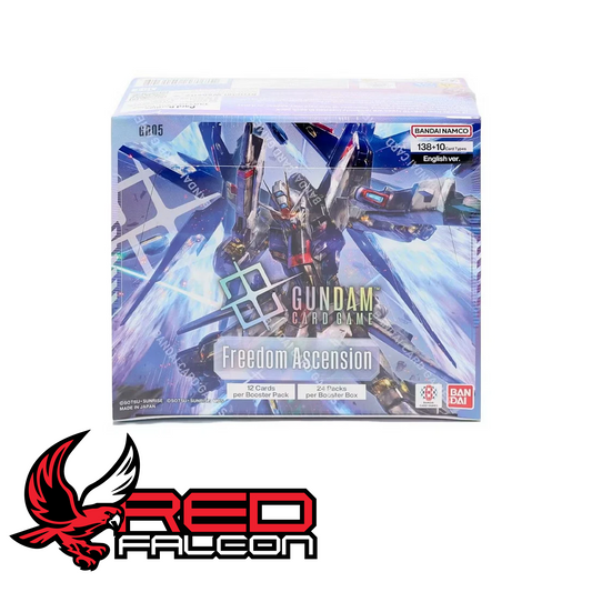 A three-quarter studio shot of the Gundam Card Game GD05 booster box angled slightly to the left, showing its side panel art and depth.