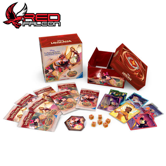 Contents of Illumineer’s Trove: storage box, ink dividers, booster packs, dice and lore counter