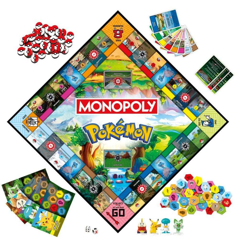Monopoly Pokémon Edition board game fully laid out with board, cards, and tokens visible