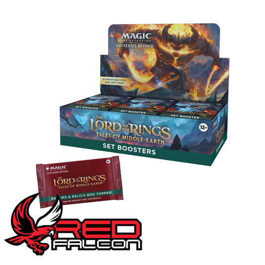 Opened Magic The Gathering Tales of Middle-earth booster box showing included promo pack