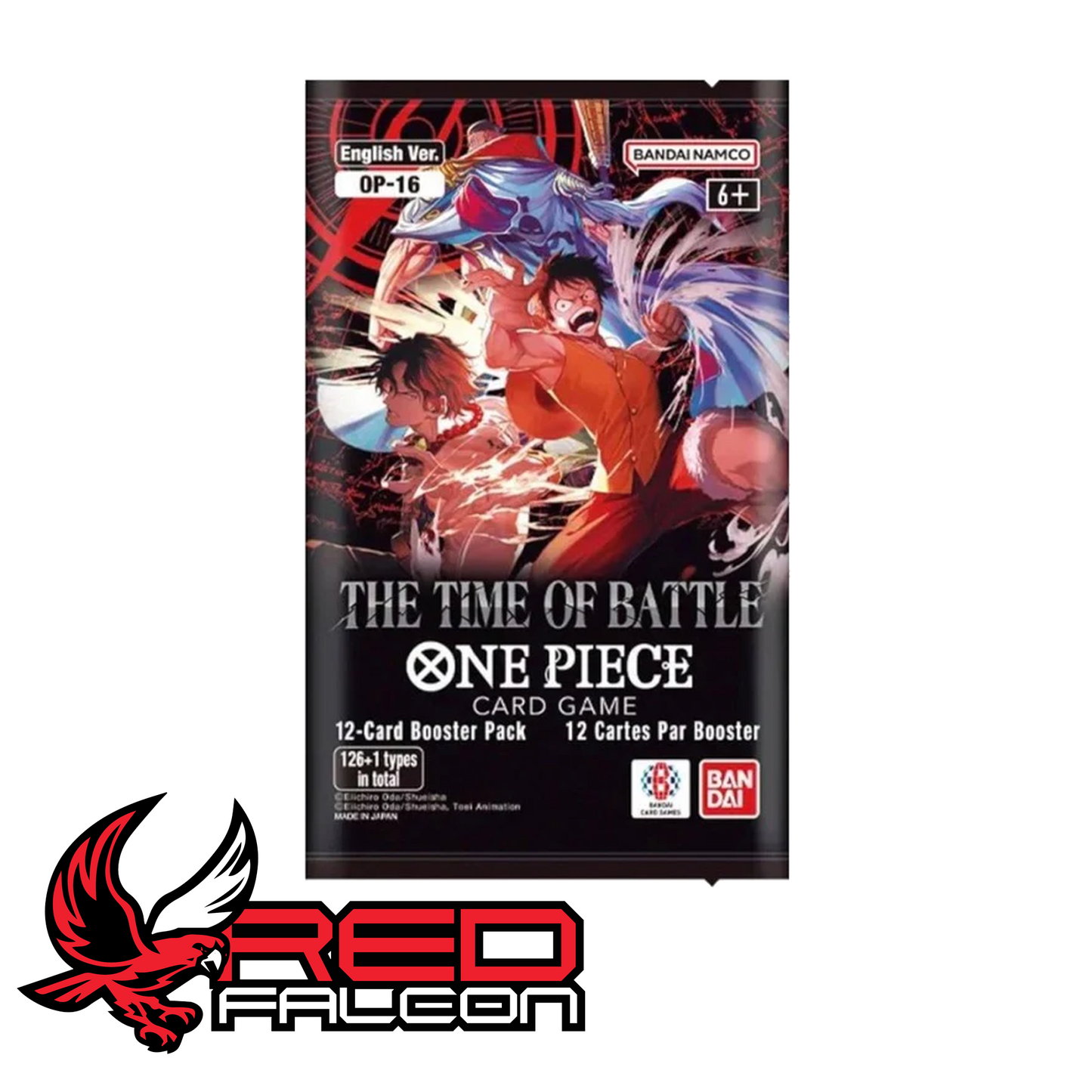 A single booster pack from the One Piece Card Game OP-16 expansion, showcasing the vivid character artwork on the foil packaging.