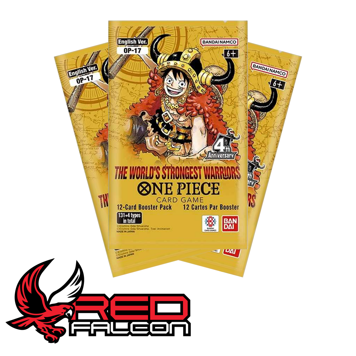 A fanned-out display spread of multiple One Piece Card Game The World's Strongest Warriors (OP-17) booster packs.