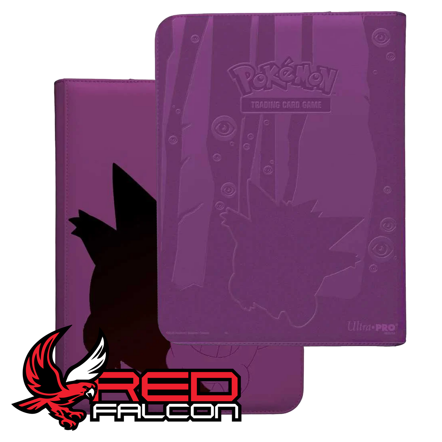 Back and front of Pokémon Elite Series Gengar 9-pocket zippered pro binder with back slightly overlapping