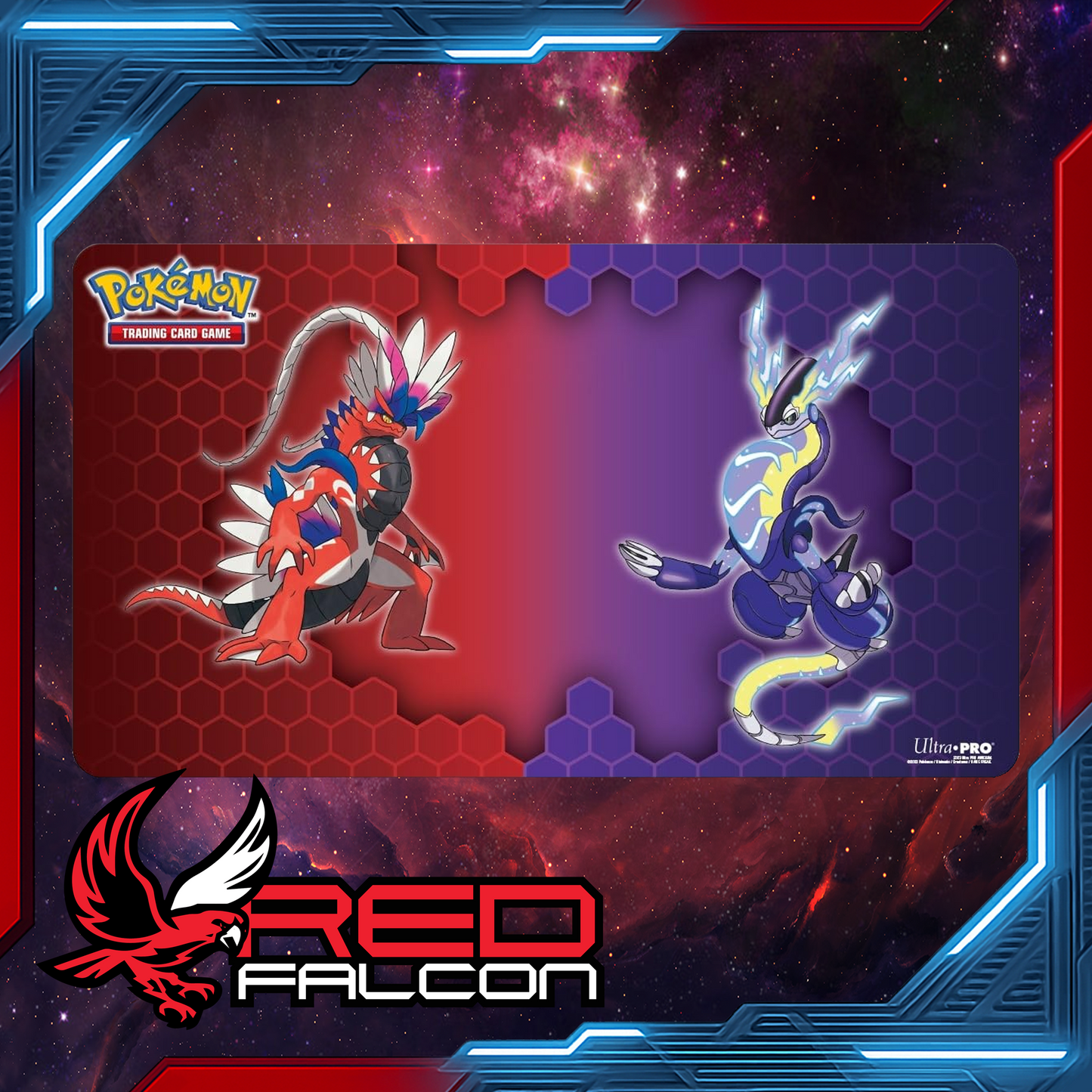 Pokémon Koraidon and Miraidon playmat showing full artwork laid flat