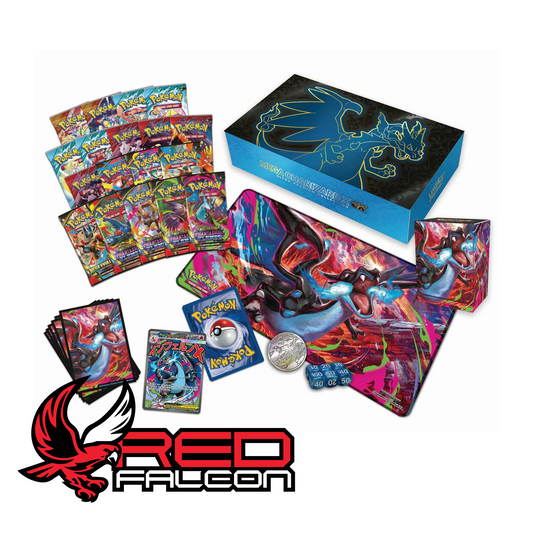 A full spread of the contents inside the Mega Charizard X UPC including the playmat, dice, and accessories.