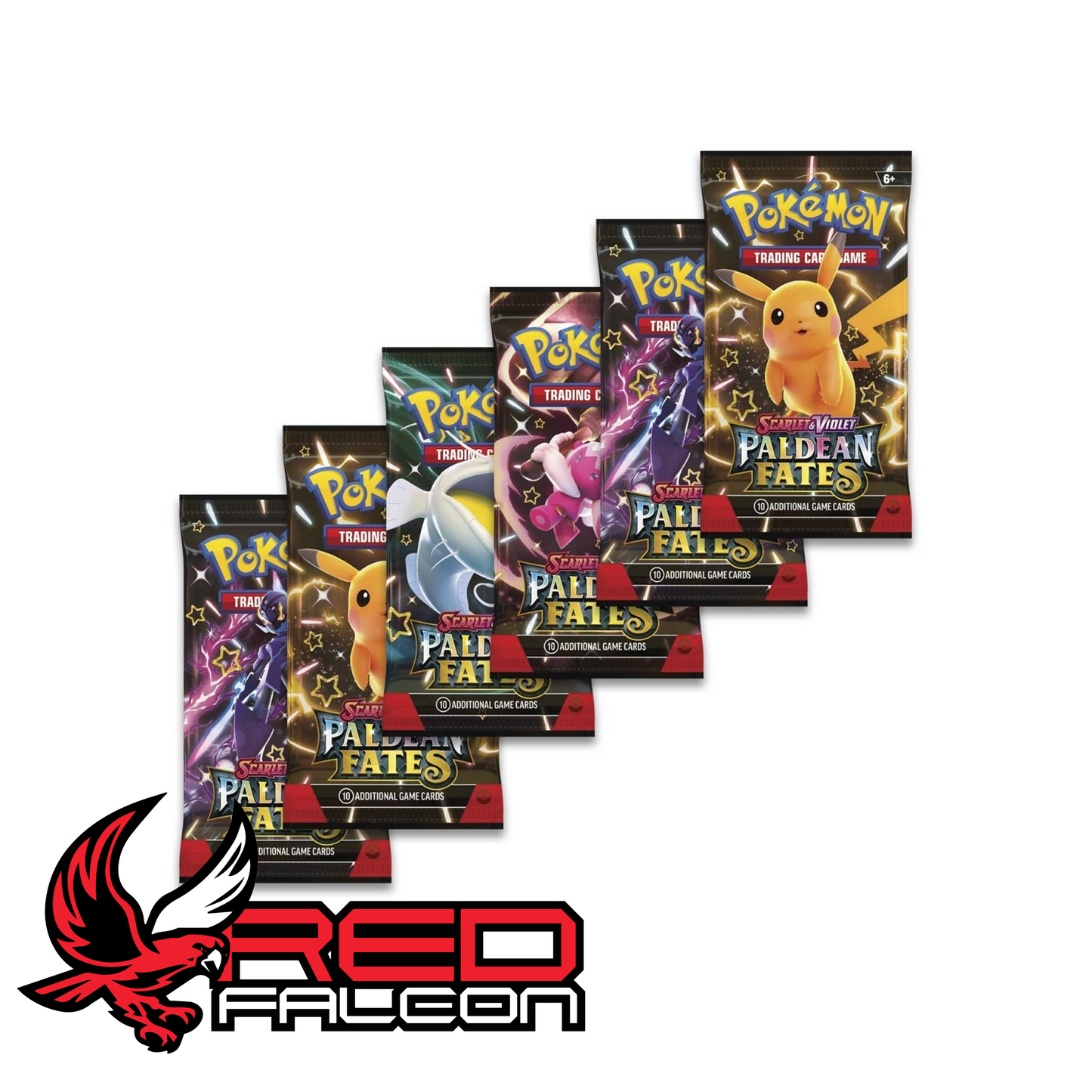 Multiple Pokémon Paldean Fates booster packs display spread