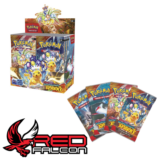 Pokémon Surging Sparks booster box with booster packs