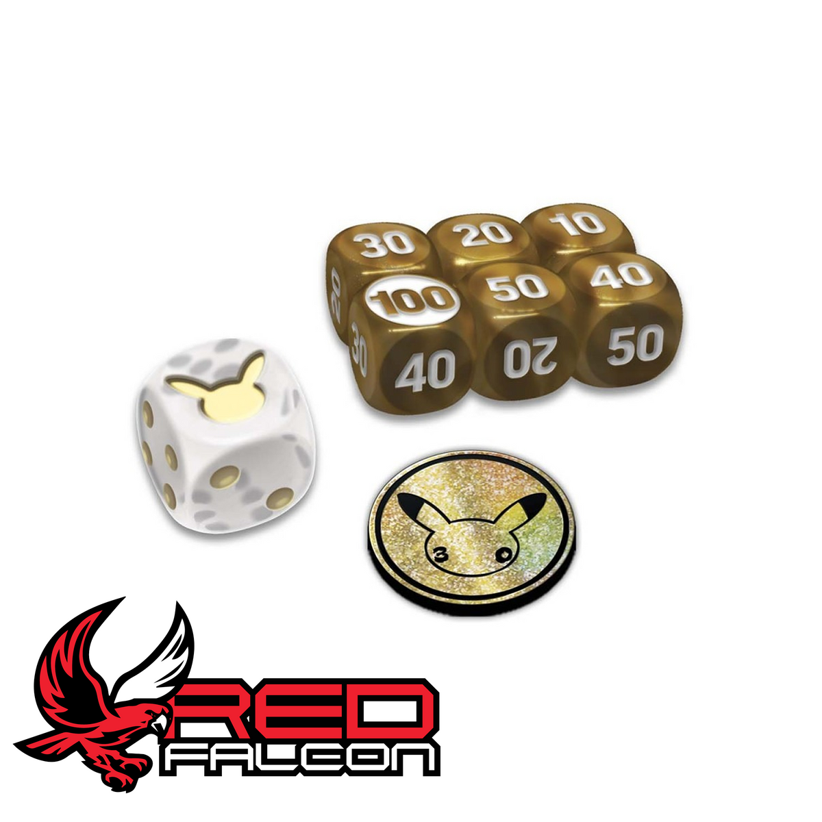 The 30th Anniversary competition-legal coin-flip die, damage-counter dice, and plastic condition markers.