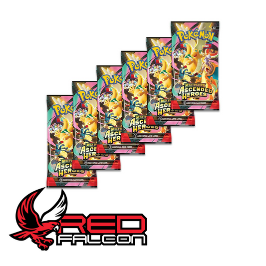A collection of 6 Ascended Heroes booster packs displayed together as found inside a Booster Bundle.