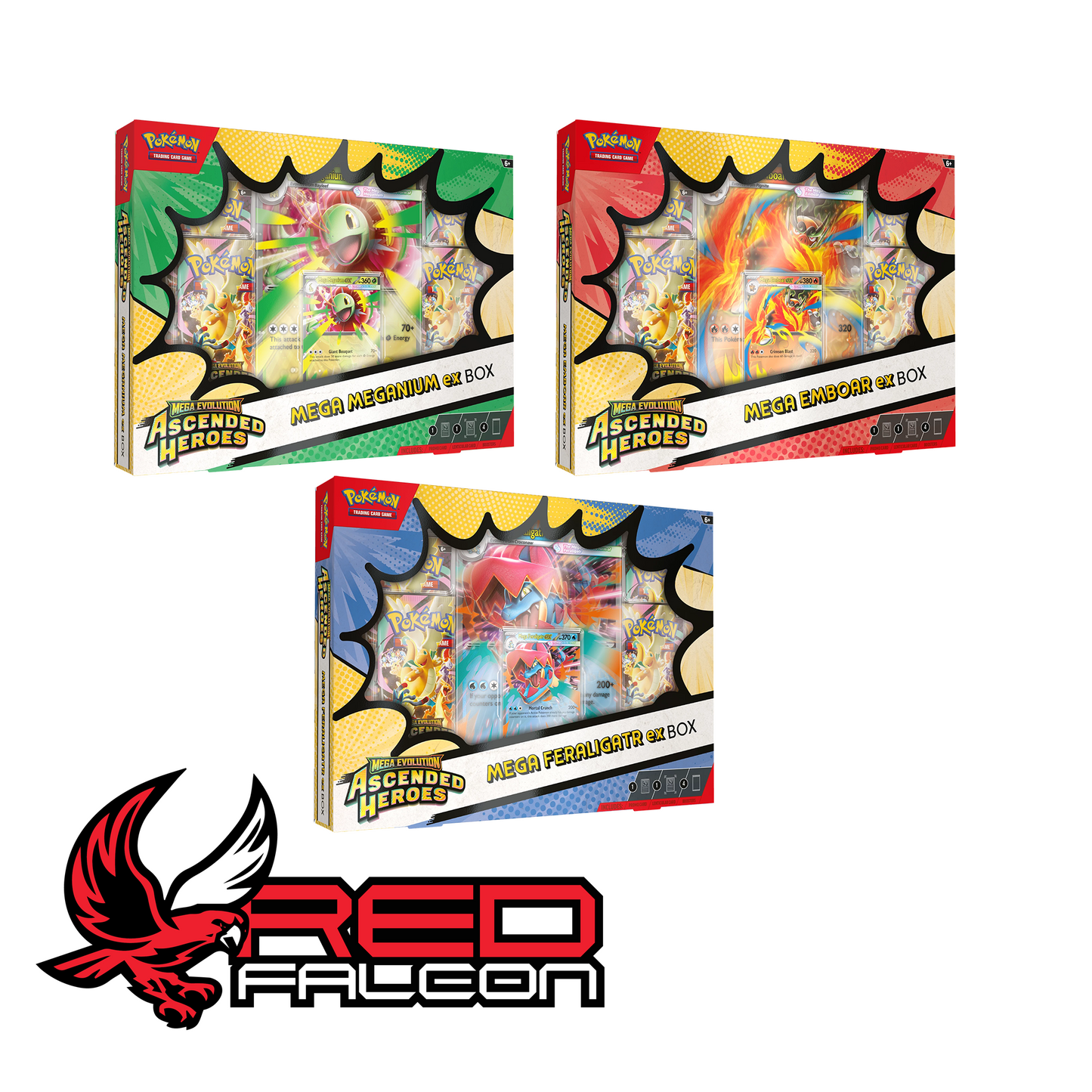 A display of all three Mega Evolution collection box variants from the Ascended Heroes series.
