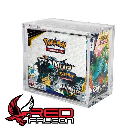 A sealed Pokémon TCG booster box protected inside a clear acrylic display case