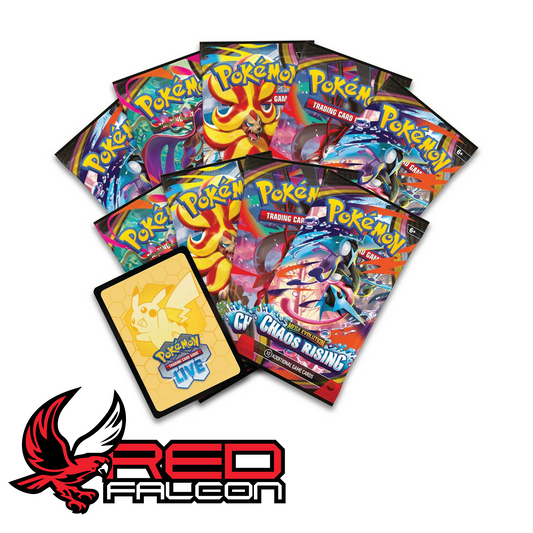 The stack of nine Mega Evolution Chaos Rising booster packs alongside a Pokémon TCG Live digital code card unboxed from the Elite Trainer Box.