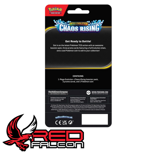 The reverse side of a Mega Evolution Chaos Rising Premium Checklane cardboard blister packaging showing product description and safety warnings.