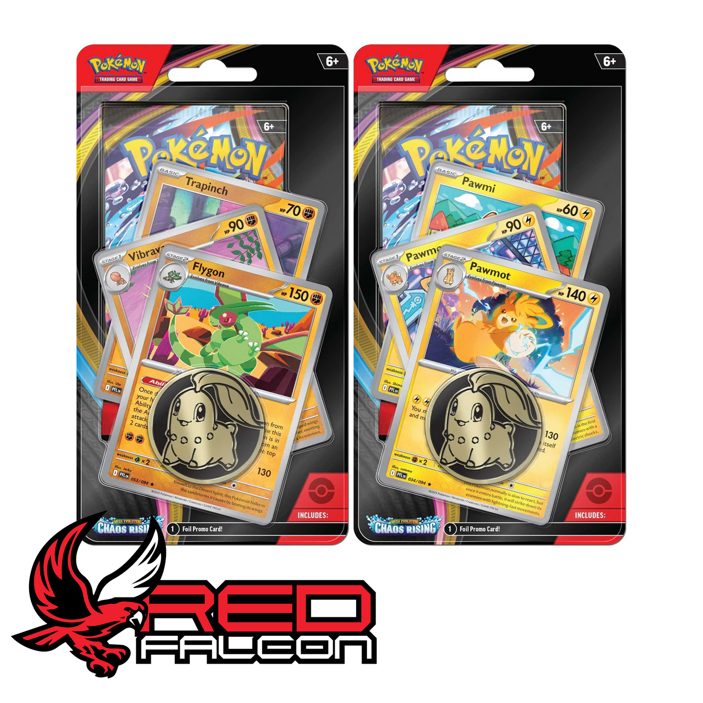 Both the Flygon and Pawmot variants of the Pokémon TCG Mega Evolution Chaos Rising Premium Checklane Blister packs displayed side by side.