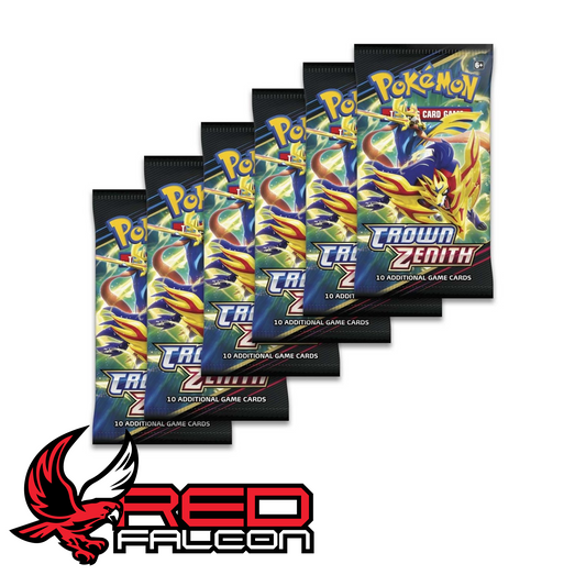 A fanned-out selection of Crown Zenith booster packs showing the various pack art designs.
