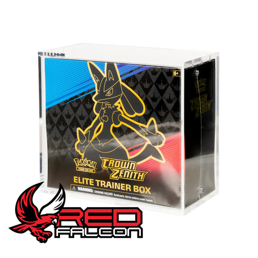 A sealed Pokémon TCG Elite Trainer Box protected inside a clear acrylic display case.
