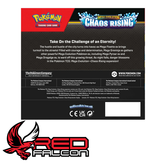 The bottom packaging text of the Mega Evolution Chaos Rising booster display box showcasing standard barcodes and legal text.