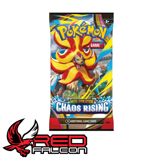 A single Pokémon TCG Mega Evolution Chaos Rising booster pack featuring the majestic, fiery-maned Mega Pyroar.
