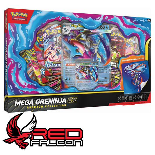 An angled studio shot of the Pokémon TCG Mega Greninja ex Premium Collection box highlighting the window packaging and side artwork.