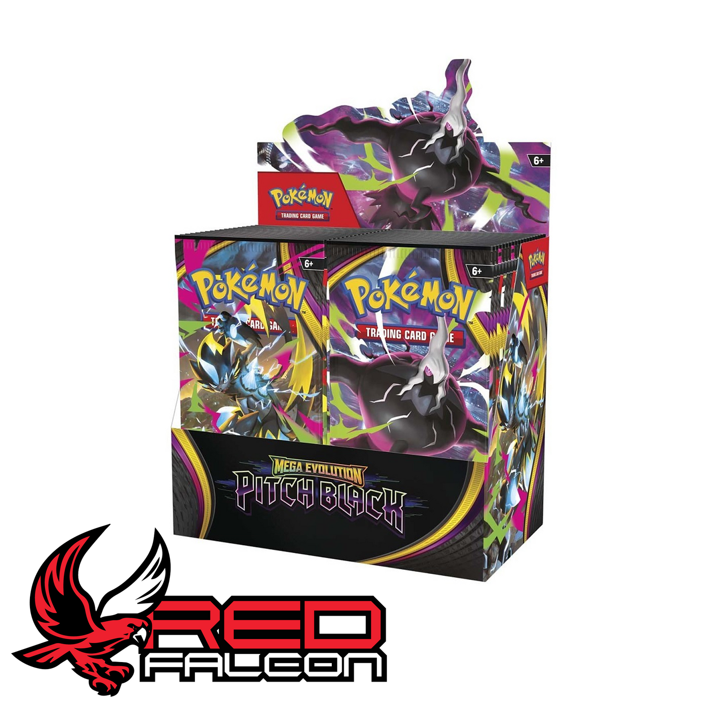 The front view of an official factory-sealed Pokémon TCG Pitch Black booster box display holding 36 booster packs.