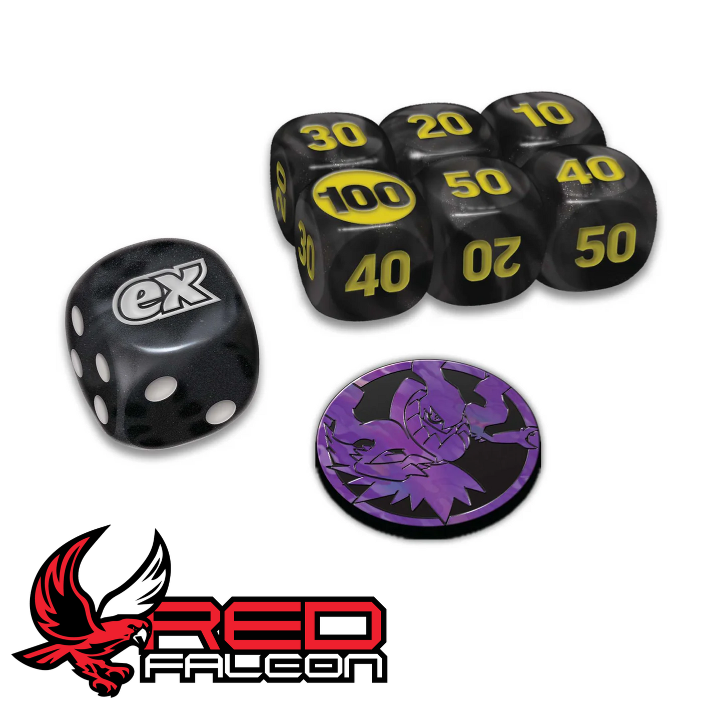 The premium gaming accessories from the Pitch Black Elite Trainer Box, including six damage-counter dice, one coin-flip die, and condition markers.