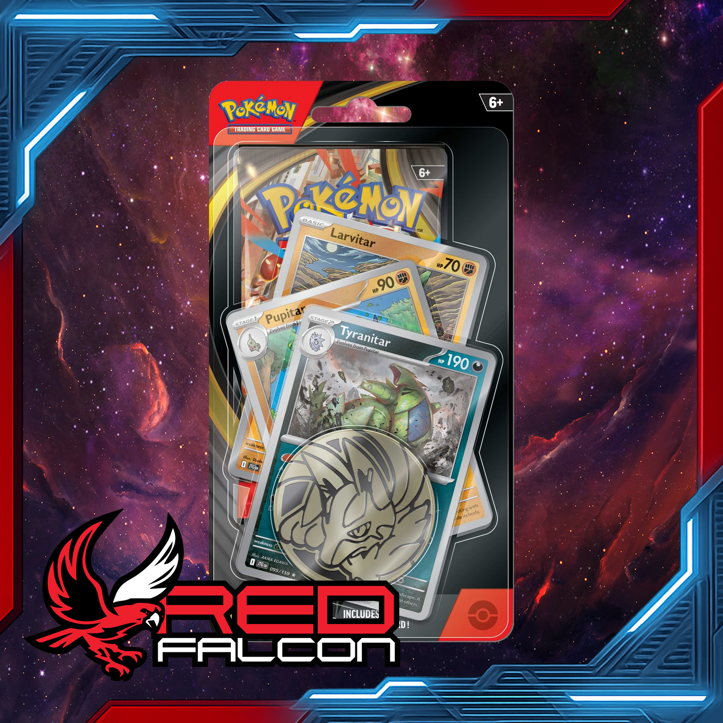 Pokémon TCG Premium Checklane – Tyranitar promo, includes 3 promo cards, collectible coin, booster pack and code card