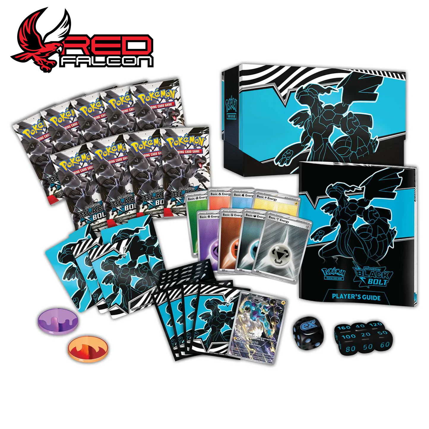 Contents of the Pokémon TCG Scarlet & Violet 10.5 Black Bolt Elite Trainer Box, including booster packs, sleeves, dice, and accessories.