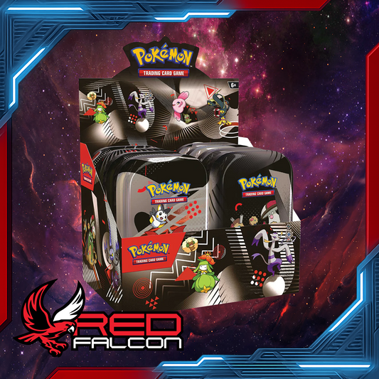 Sealed display case of Pokémon TCG Scarlet & Violet 10.5 Unova Mini Tins, containing a mix of assorted tin designs.