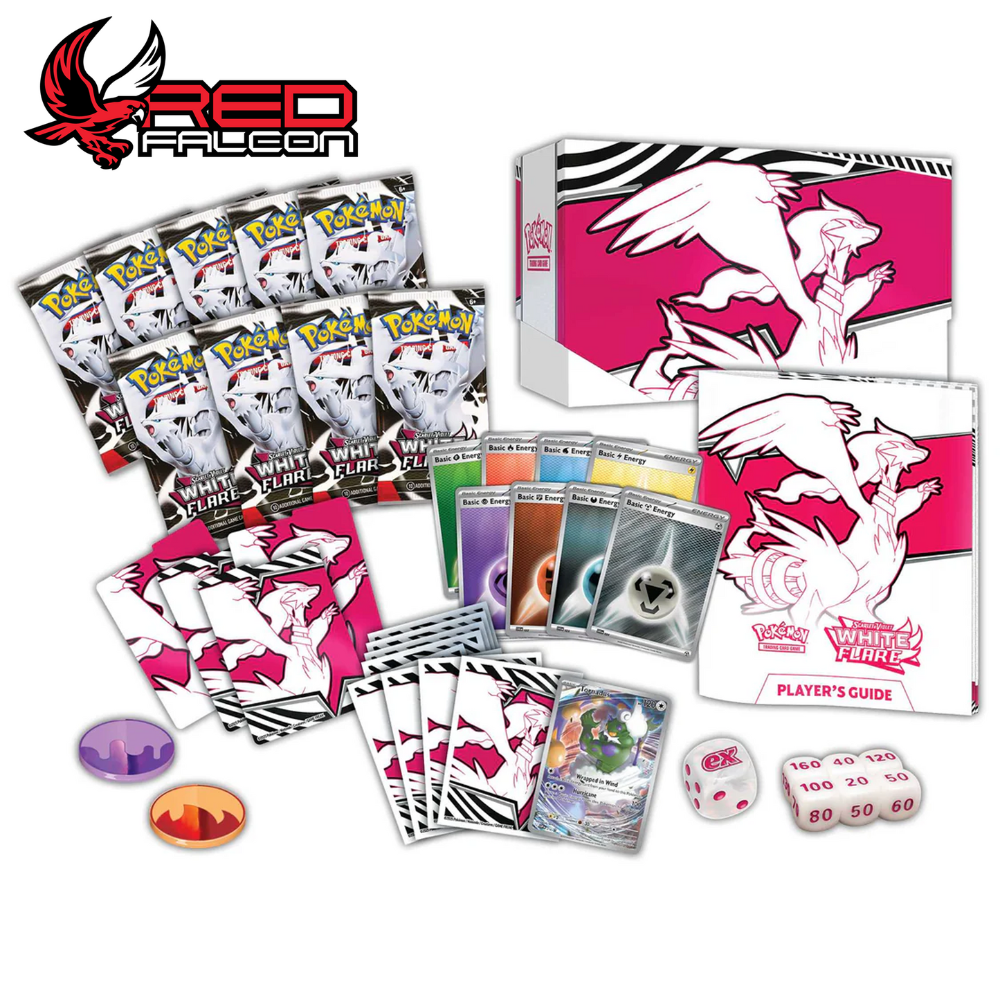 Contents of the Pokémon TCG Scarlet & Violet 10.5 White Flare Elite Trainer Box, including booster packs, sleeves, dice, and accessories.