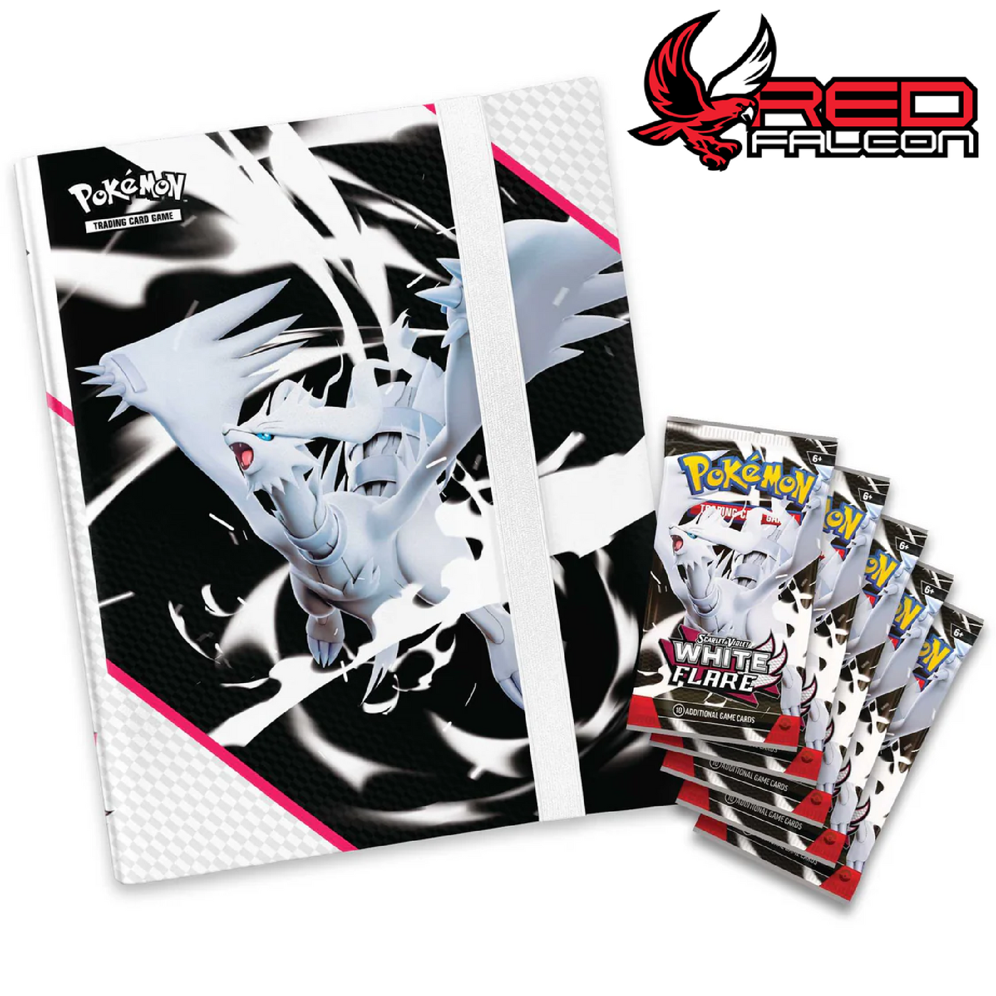 Reshiram White Flare binder collection contents including binder and five Pokémon TCG Scarlet & Violet booster packs.