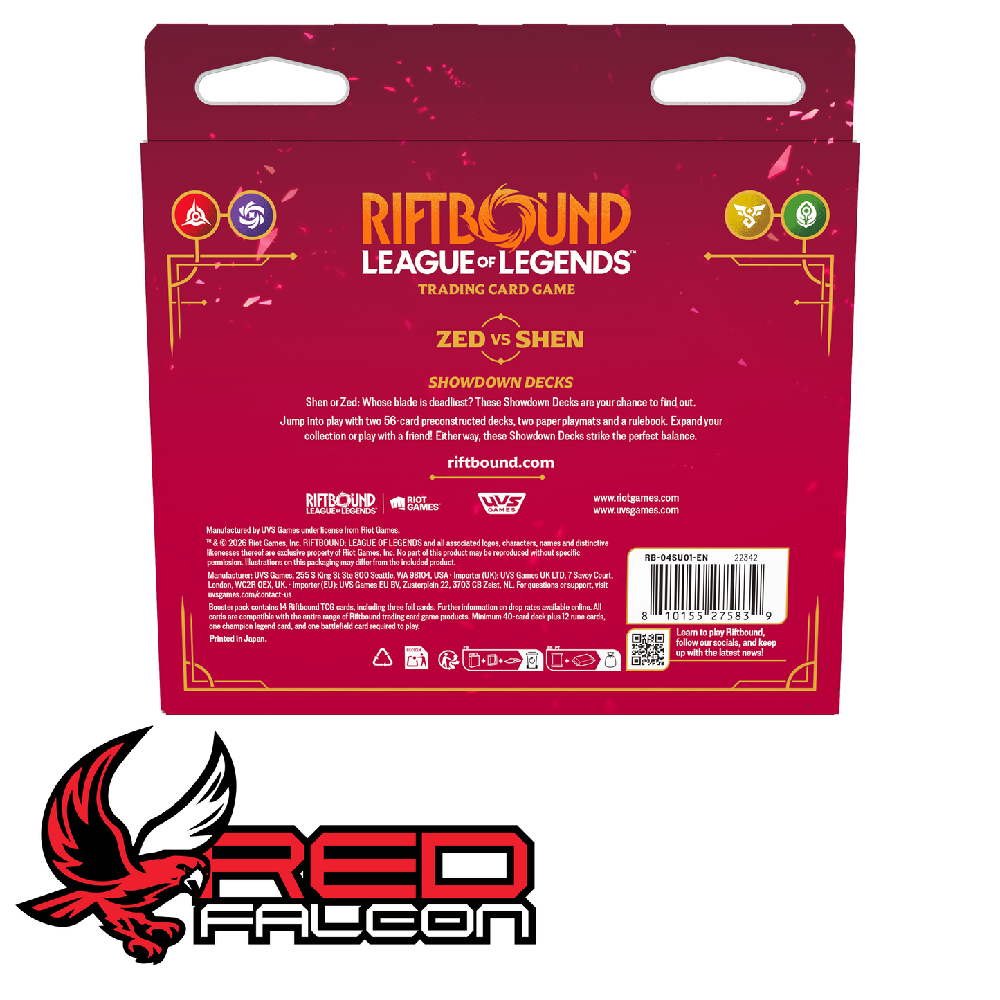 The rear view of the Riftbound TCG Vendetta Showdown Decks box displaying box contents, key features, and product details.