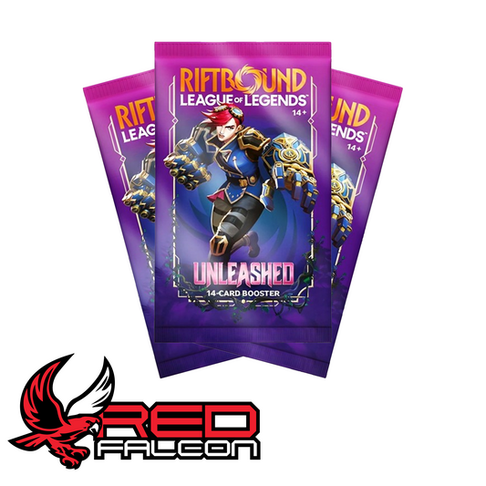 A fan-style spread of multiple Riftbound Unleashed booster packs showcasing the high-quality character illustrations.