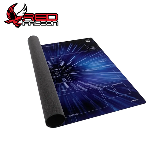 Star Wars: Unlimited Game Mat XL with Hyperspace design partially rolled up showing surface and underside