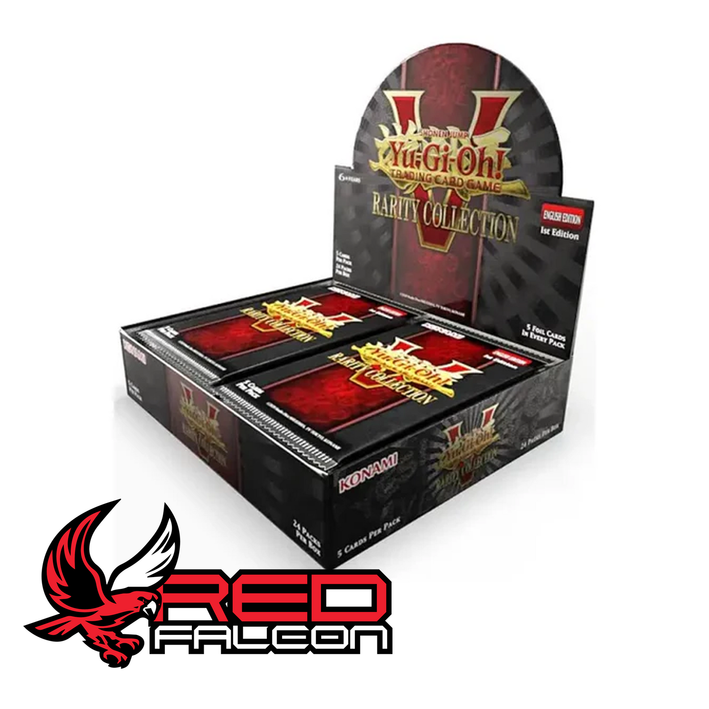 A factory-sealed Yu-Gi-Oh! Rarity Collection V booster box with official Konami logo shrink wrap.