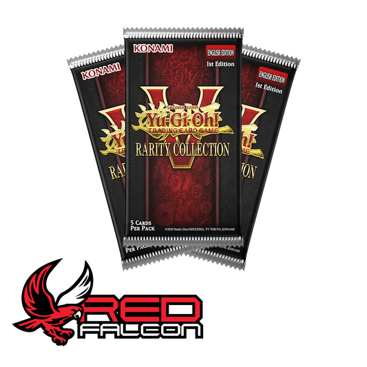 A group of several Yu-Gi-Oh! Rarity Collection V booster packs showing the set's premium foil packaging.