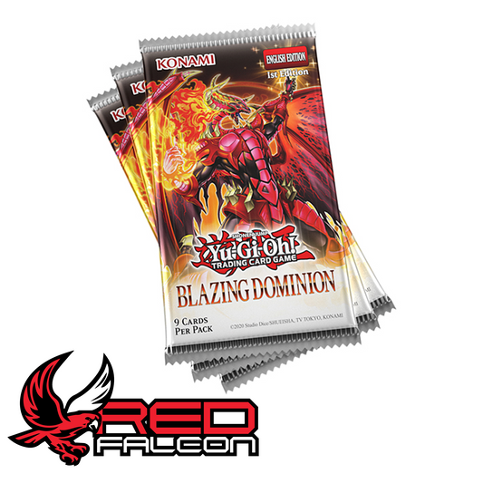 A loose pile of several Blazing Dominion booster packs showing the fiery orange and red packaging.