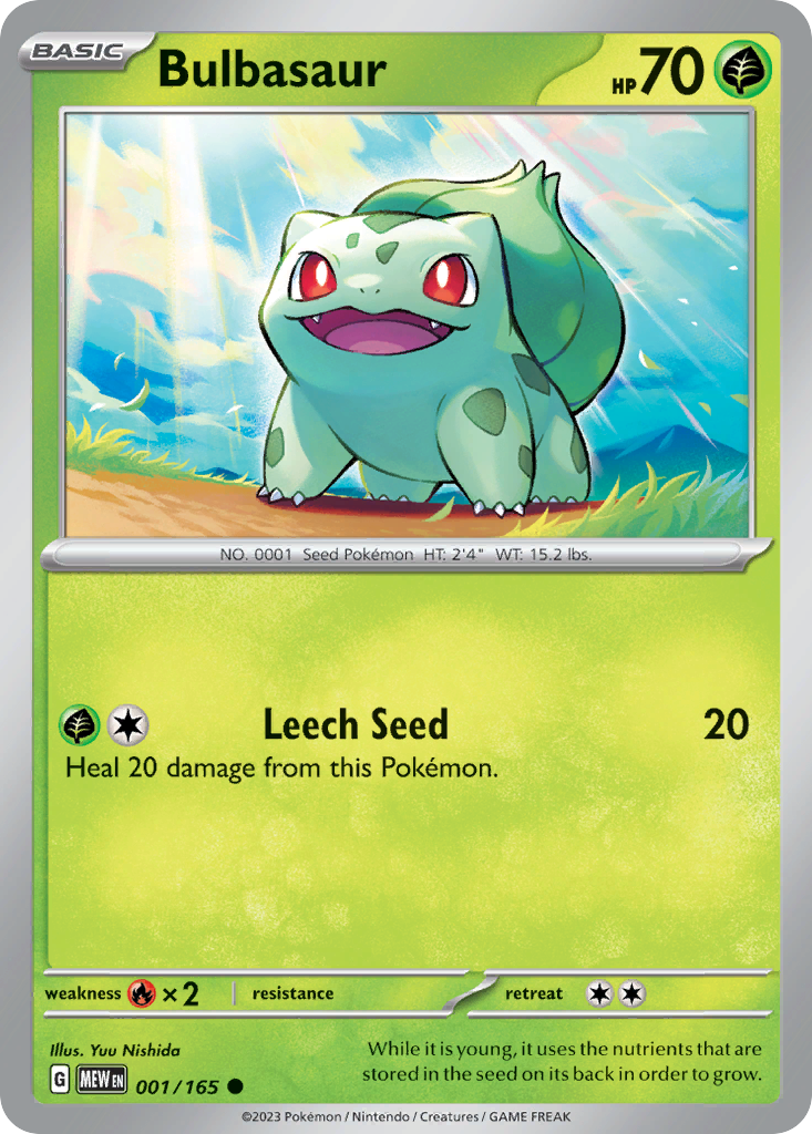 Bulbasaur Grass-type card #001 from Pokemon 151, walking through a sunlit forest.