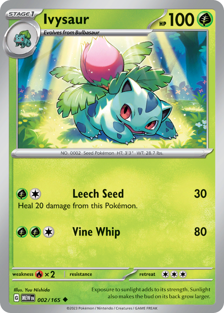 Ivysaur Stage 1 card #002 from Pokemon 151, standing in a lush garden with a blooming flower bud.