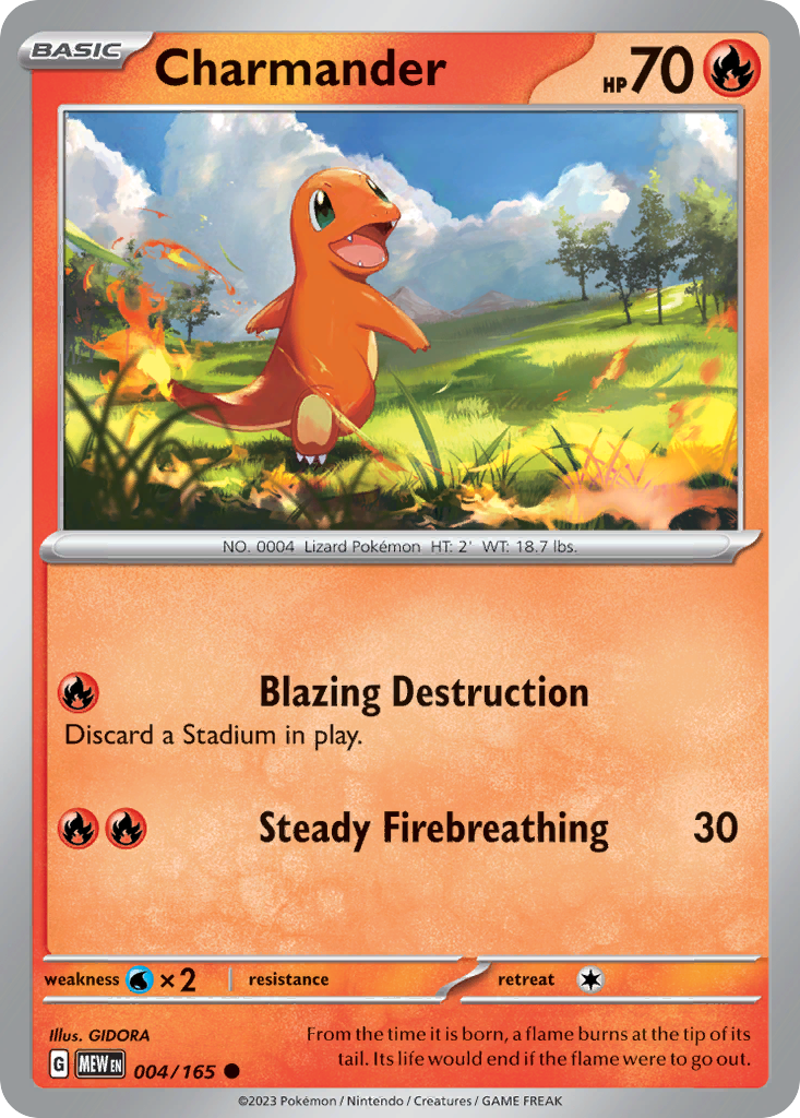 Charmander Fire-type card #004 from Pokemon 151, standing on a rocky ledge with its tail flame glowing.