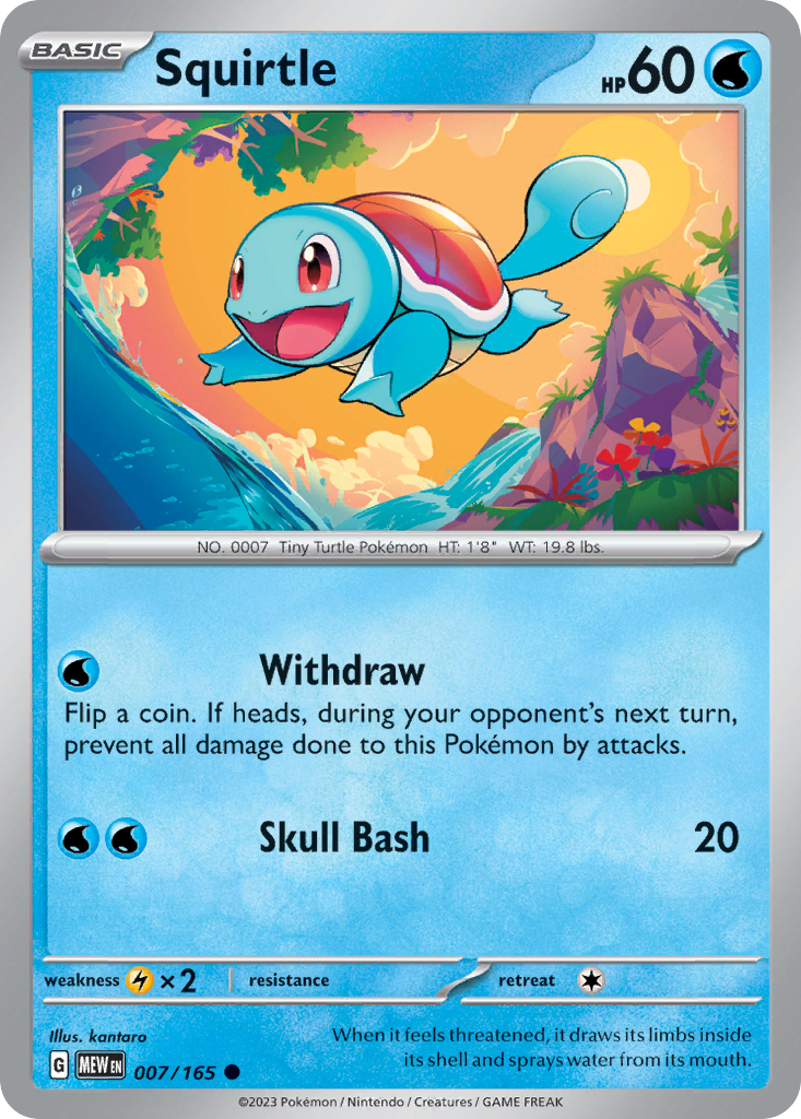 Squirtle Water-type card #007 from Pokemon 151, standing near a sparkling blue pond.