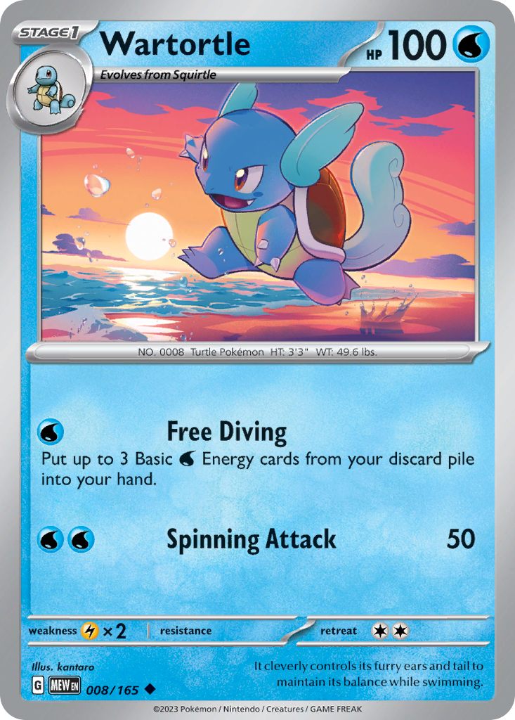 Wartortle Stage 1 card #008 from Pokemon 151, swimming through rapid ocean waves.