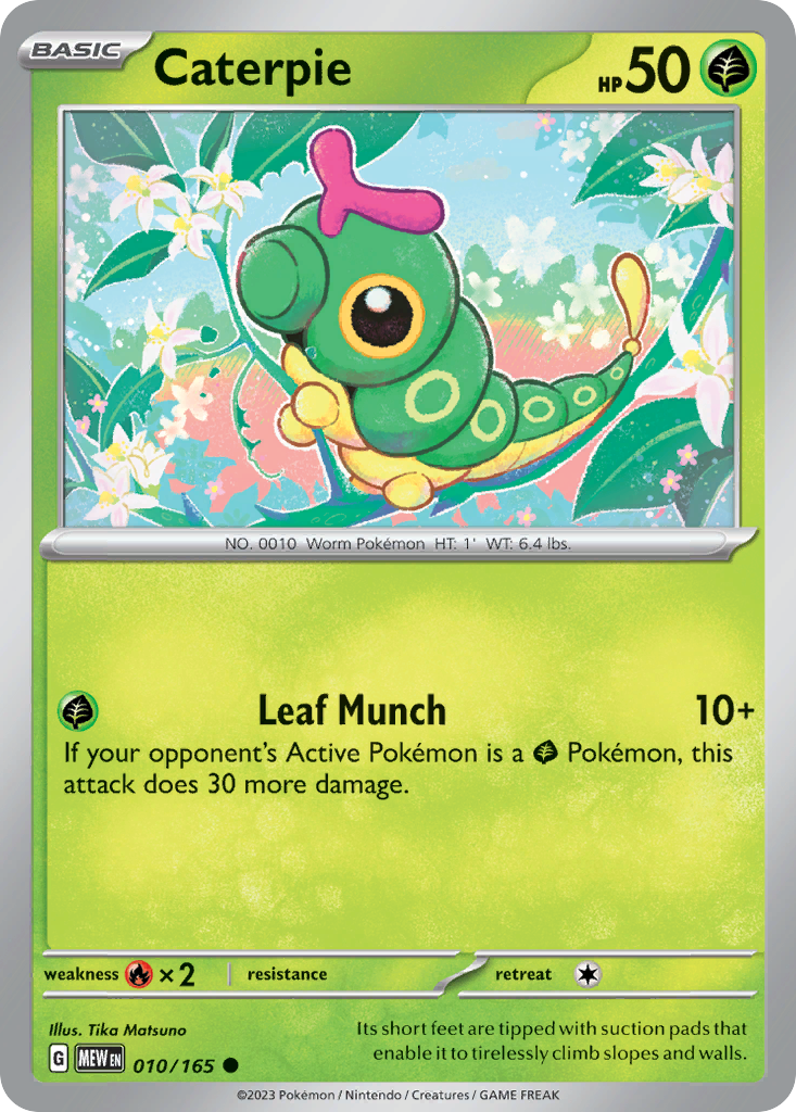 Caterpie Grass-type card #010 from Pokemon 151, crawling on a bright green leaf.